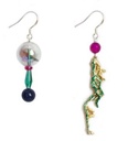 Red Flower Green Leaf And Stone Enamel Earrings
