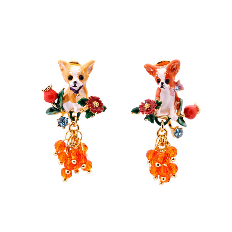 Chihuahua On A Flowering Branch Asymmetrical Enamel Earring