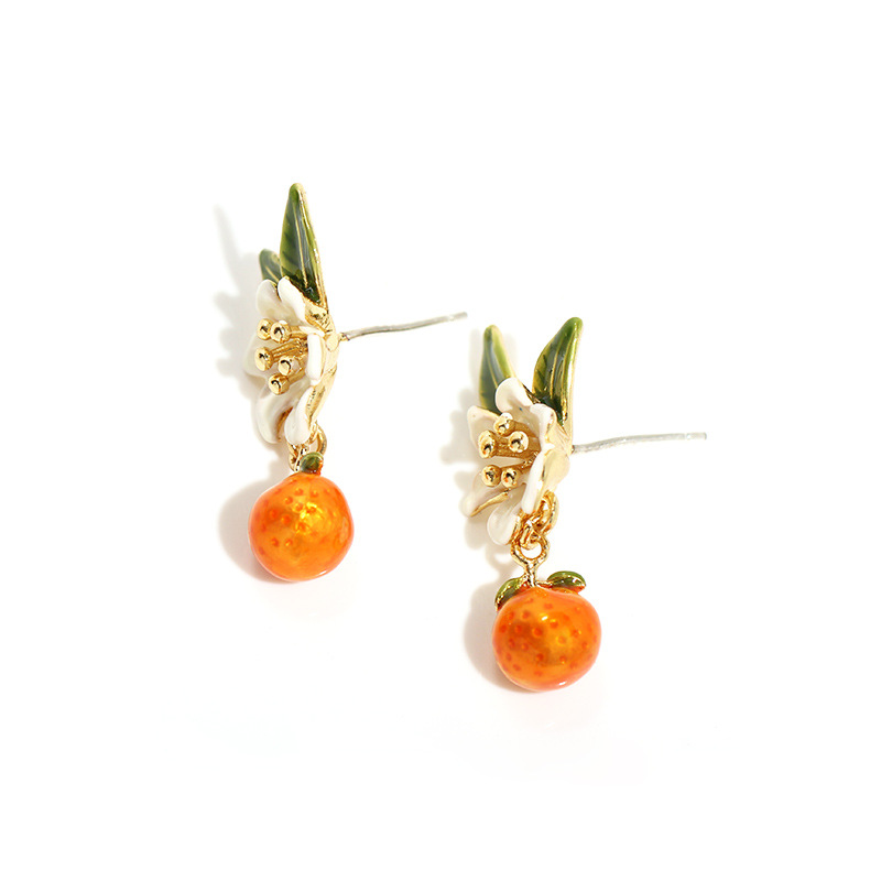 Orange Blossom Flower Enamel Dangle Earrings Jewelry Gift