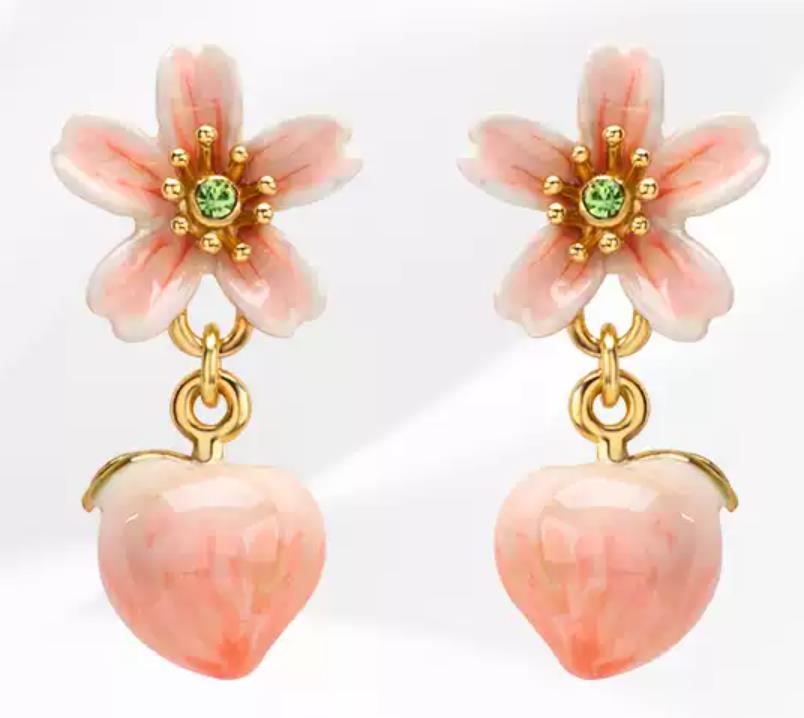 Peach Blossom Pink Flower Enamel Dangle Earrings