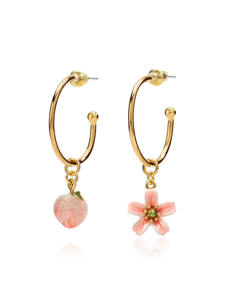 Pink Peach Blossom Flower Enamel Dangle Earrings