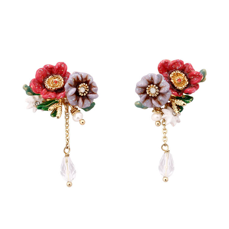 Flower Tassel Enamel Earrings