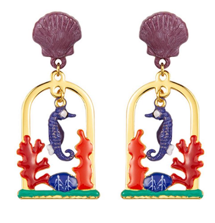 Seahorse Coral And Purple Shell Ocean Enamel Dangle Stud Earrings