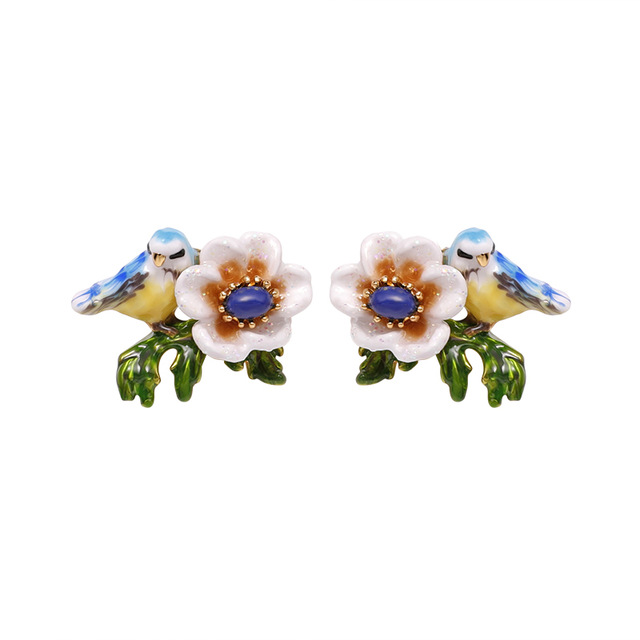 Tit Blue Bird And Flower Enamel Earrings