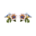 Tit Blue Bird And Flower Enamel Earrings