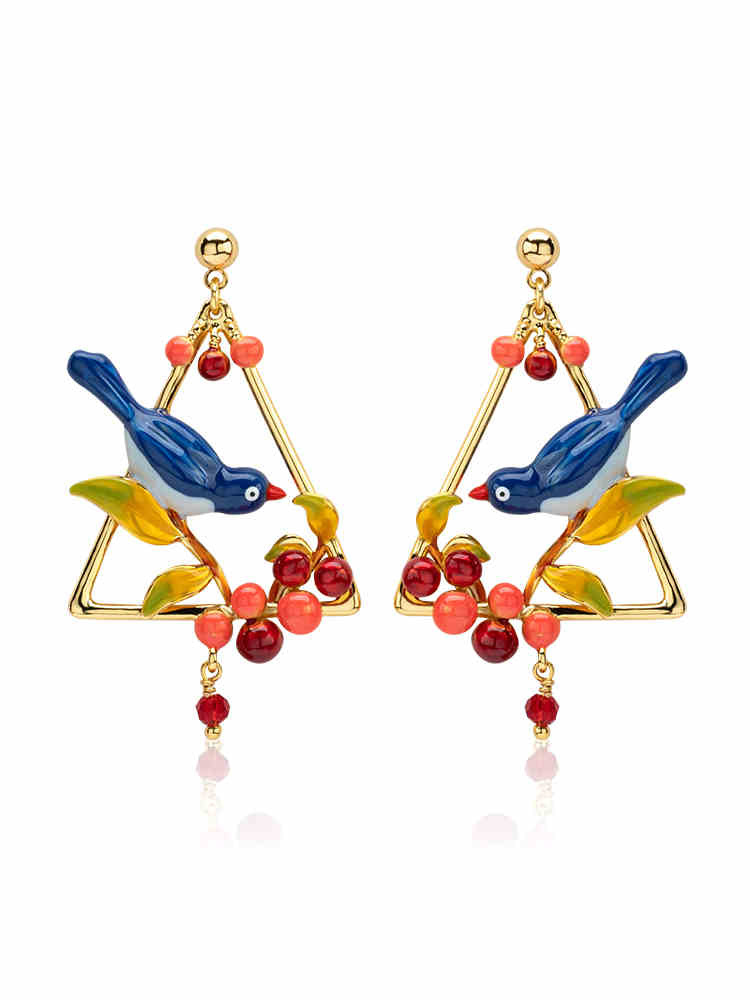 Blue Bird On A Triangular Cherry Branch Enamel Earrings