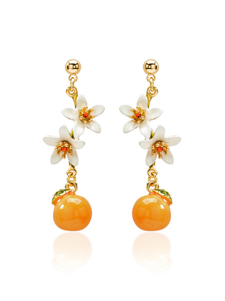 Orange Blossom Flower Enamel Stud Dangle Earrings Jewelry Gift