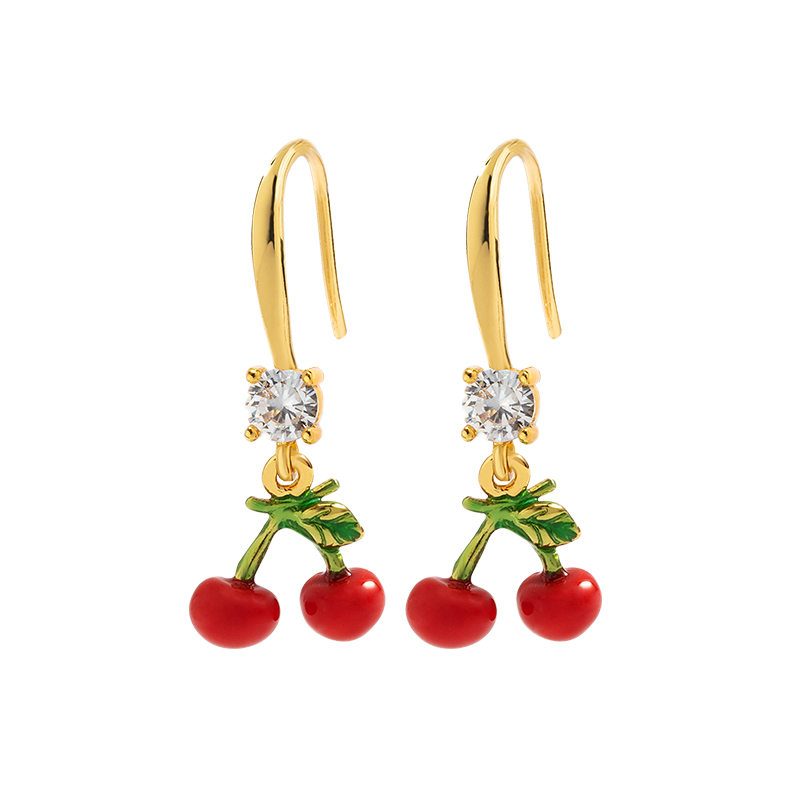 Cherry And Crystal Enamel Hook Dangle Earrings Jewelry Gift