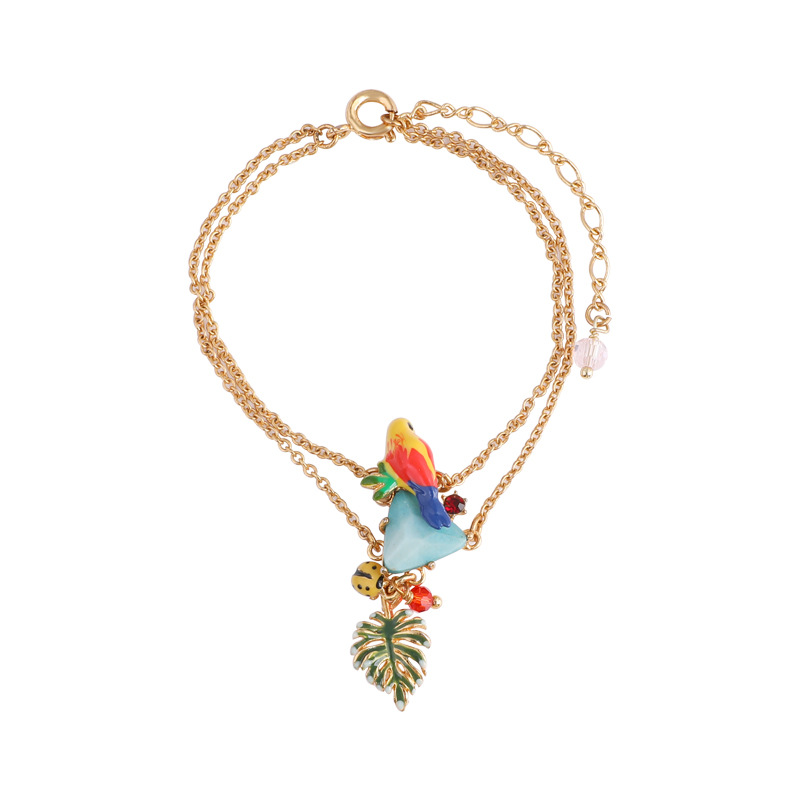 Colorful Parrot Blue Turquoise Leaf Pendant Gold Plated Jewelry Enamel Bracelet