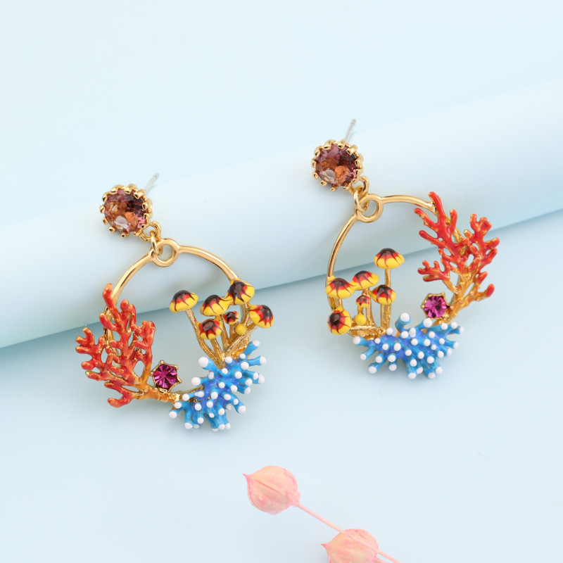 Coral and Crystal Enamel Earrings