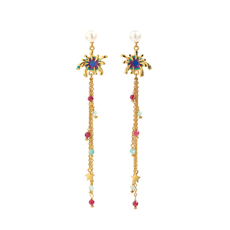 Fireworks Pearl Star Beads Tassel Enamel Earrings