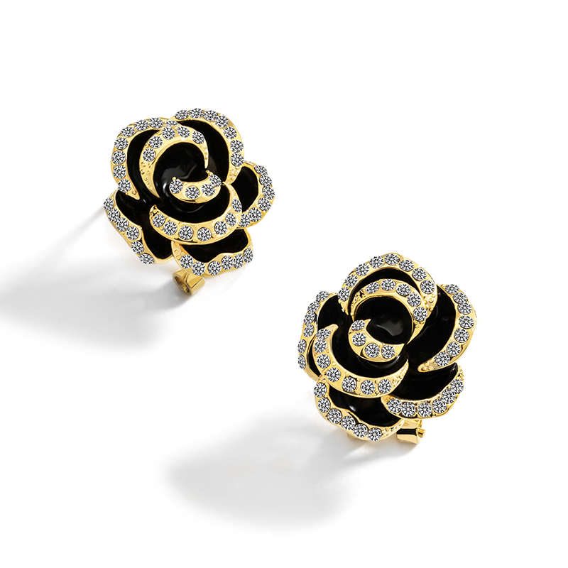 Camellia Black Flower And Crystal Enamel Stud Earrings