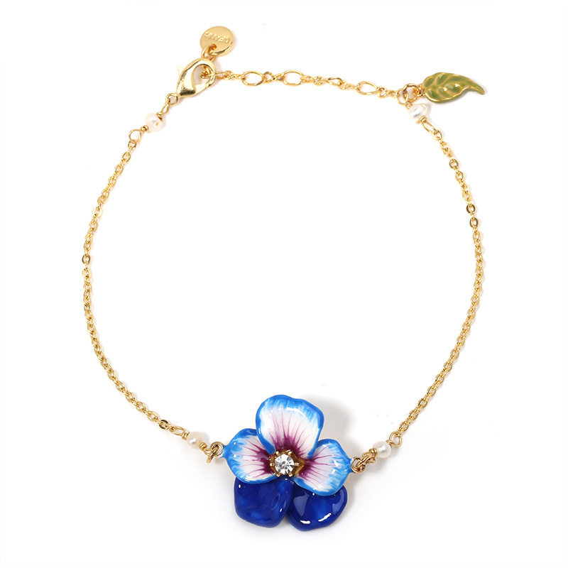 Pansy Flower And Crystal Pearl Enamel Pendant Bracelet