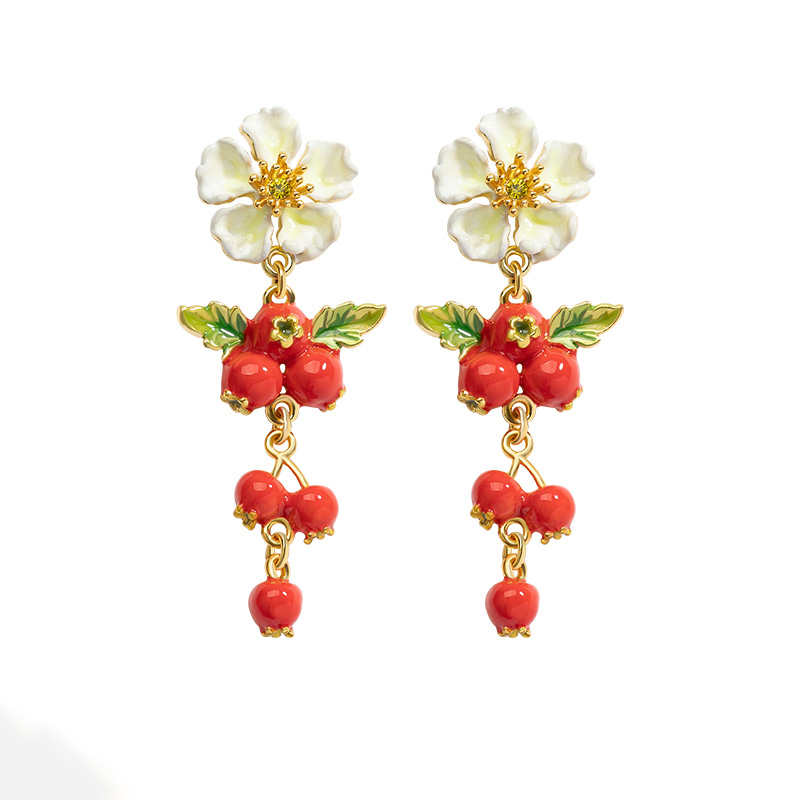 Red Fruit Hawthorn Tassel And White Flower Enamel Stud Earrings Jewelry Gift