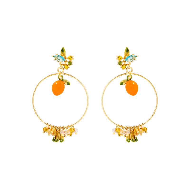 Orange Tangerine And Crystal Enamel Dangle Earrings