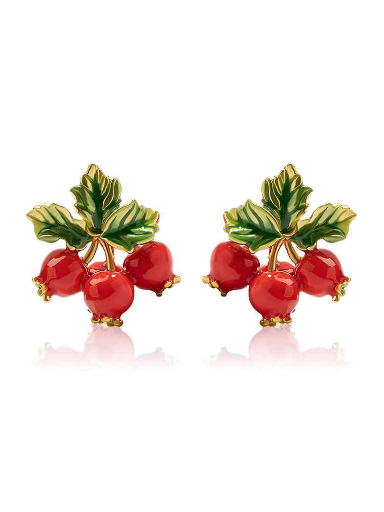 Red Fruit Hawthorn And Green Leaf Enamel Stud Earrings Jewelry Gift