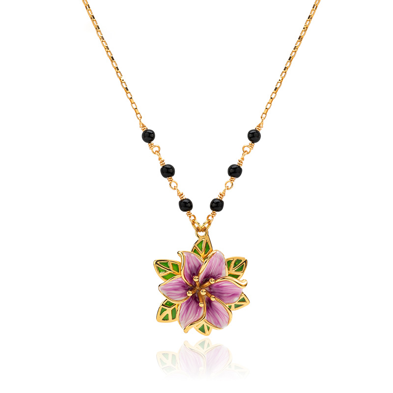 Purple Lisianthus Flower Enamel Pendant Necklace