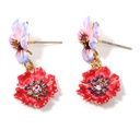 Pansy Red White Flower And Crystal Enamel Dangle Earrings