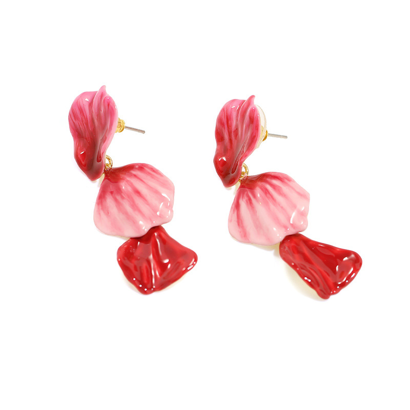 Rose Petal Red Pink Flower Enamel Earrings