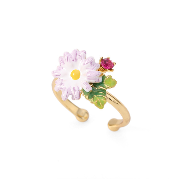 Daisy Purple White Flower Leaf And Crystal Enamel Adjustable Ring