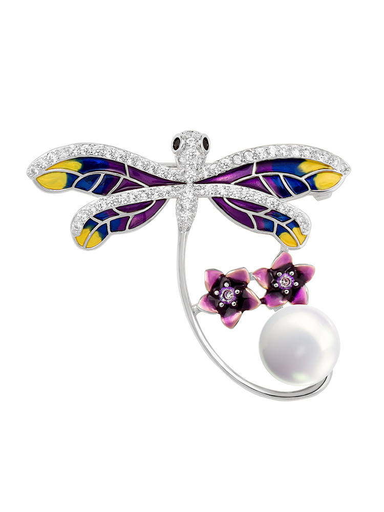 Dragonfly With Crystal Freshwater Natural Pearl Enamel Brooch Jewelry Gifty