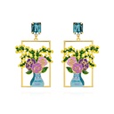 Yellow Purple Pink Flowers In Vase Enamel Dangle Earrings