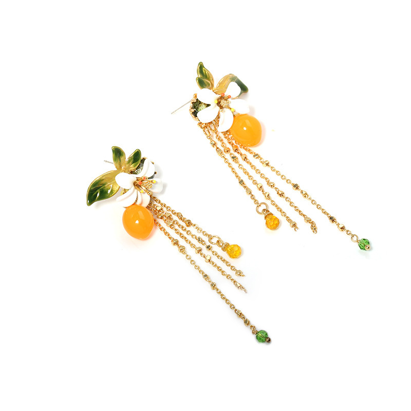 Orange and Orange Blossom Flower Tangerine Chain Tassel Enamel Stud Earrings