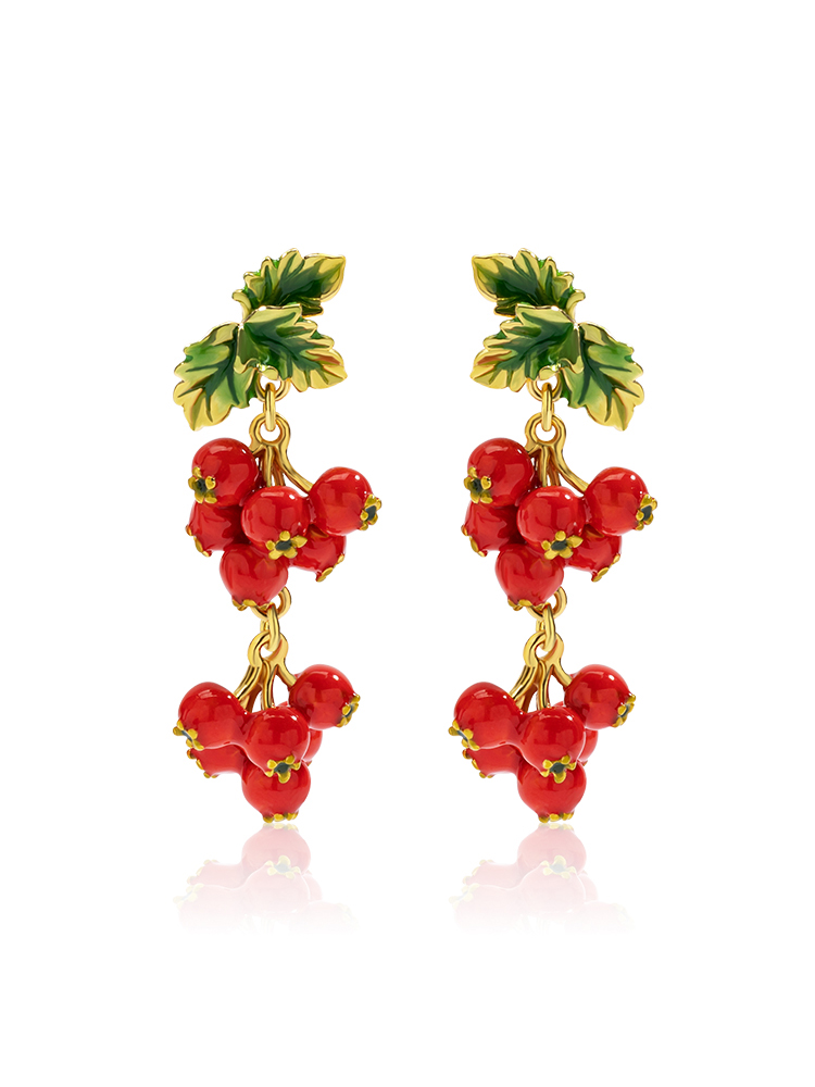 Red Fruit Hawthorn Green Leaf Enamel Dangle Stud Earrings Jewelry Gift