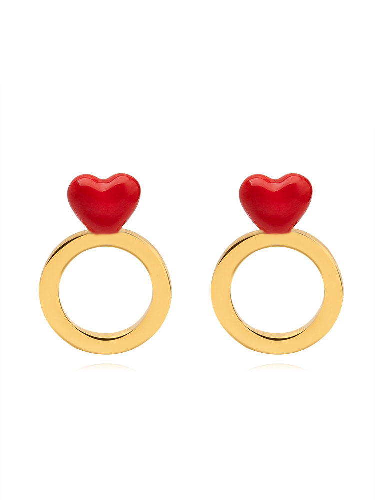 Red Heart With Gold Plated Circle Enamel Stud Earrings