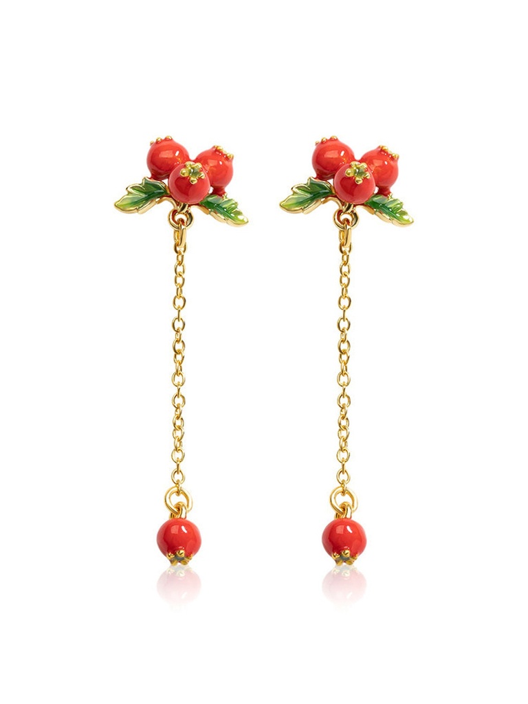 Red Fruit Hawthorn And Green Leaf Tassel Enamel Dangle Earrings Jewelry Gift