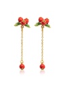 Red Fruit Hawthorn And Green Leaf Tassel Enamel Dangle Earrings Jewelry Gift