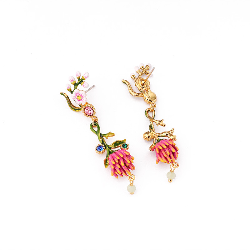 Cherry Flower Bud Branch Pink Flower And Zircon Enamel Stud Dangle Earrings Jewelry Gift