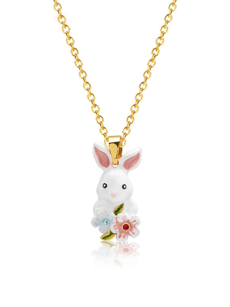 Cute Rabbit Bunny And Pink Flower Enamel Pendant Necklace Jewelry Gift