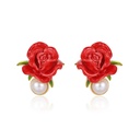 Red Rose Flower And Pearl Enamel Stud Earrings Jewelry Gift