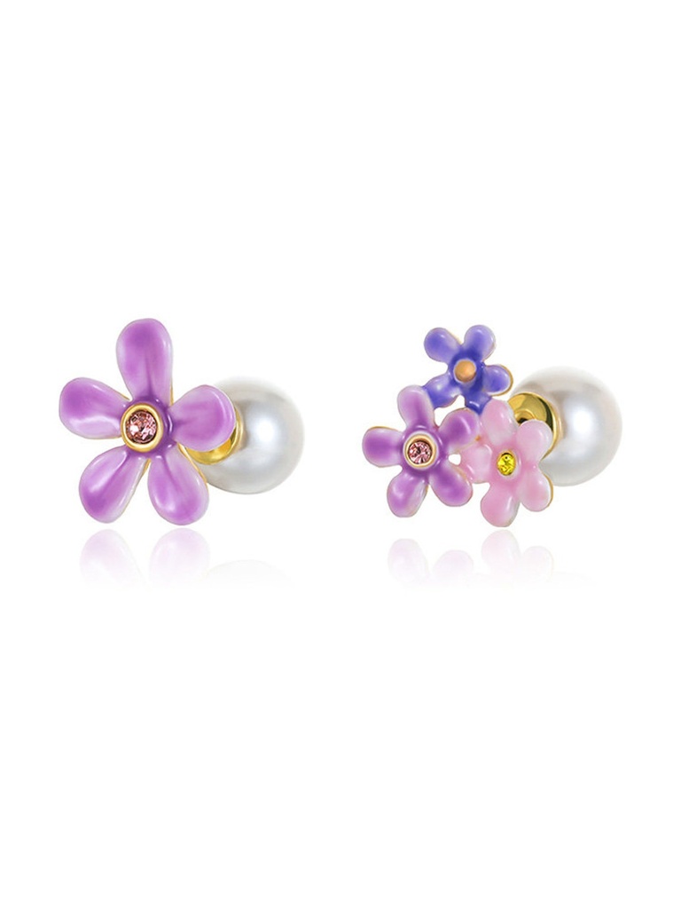 Purple Pink Flower And Pearl Asymmetrical Enamel Stud Earrings Jewelry Gift