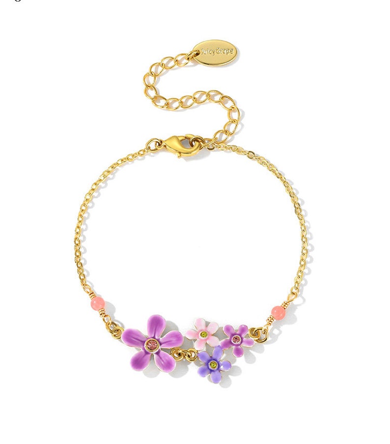Purple Pink Flower And Crystal Enamel Think Bracelet Jewelry Gift