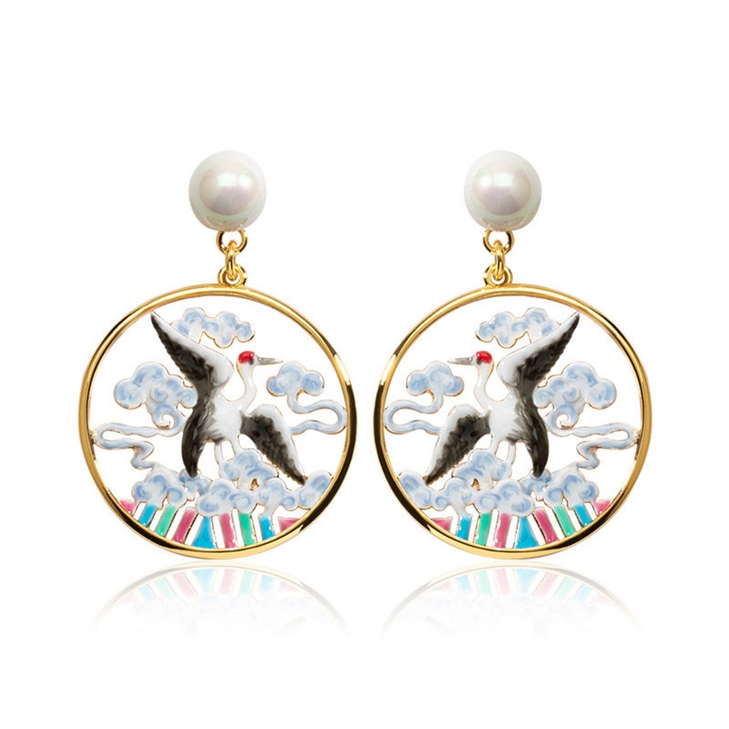 Crane Bird Cloud And Pearl Enamel Dangle Earrings Jewelry Gift