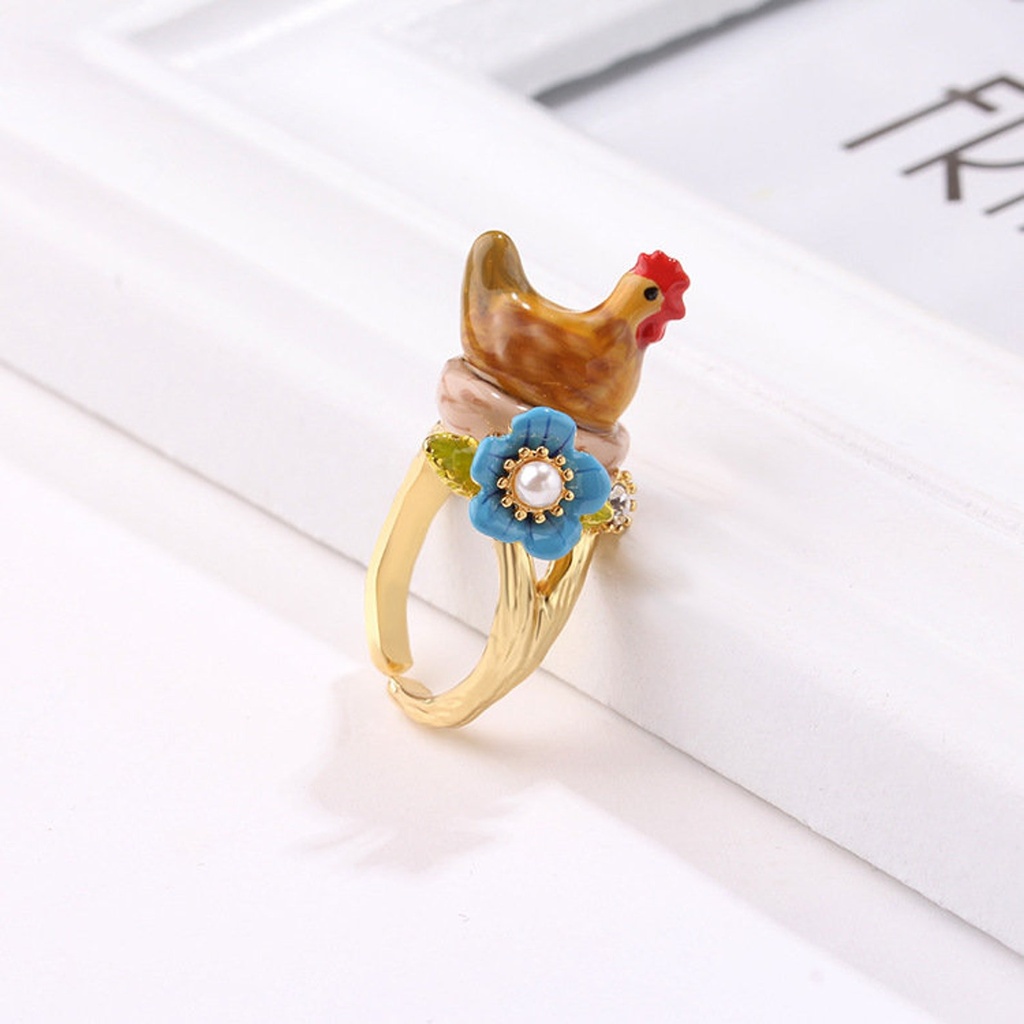 Hen Rooster Chicken And Blue Flower Enamel Adjustable Ring Jewelry Gift
