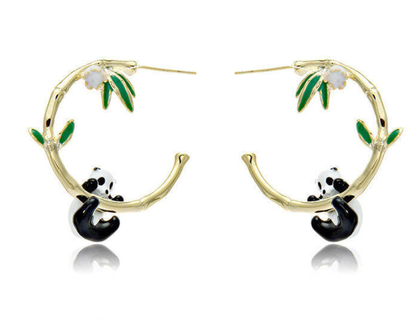 Panda Bamboo And Flower C Shape Enamel Stud Earrings Jewelry Gift