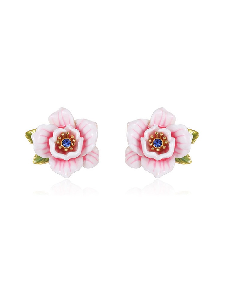 Pink White Cherry Blossom Flower And Crystal Enamel Stud Earrings Jewelry Gift