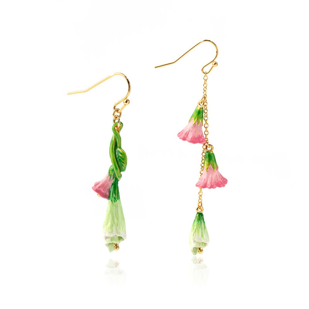 Pink Green Flower Asymmetrical Enamel Hook Earrings Jewelry Gift