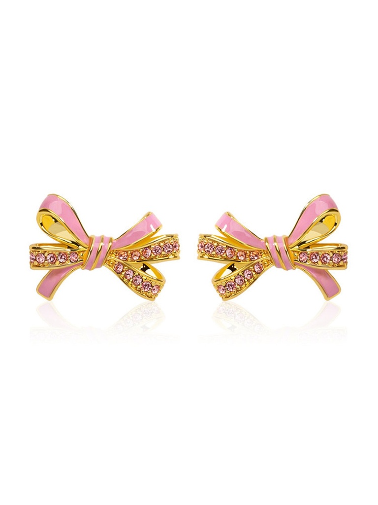 Pink Bow And Crystal Enamel Stud Earrings Jewelry Gift