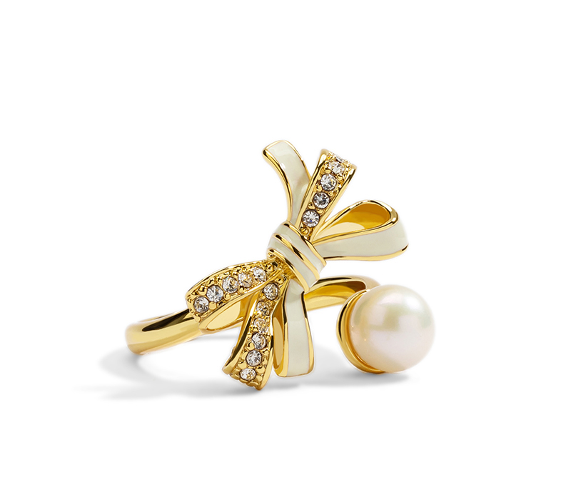 Pink White Black Bow And Pearl Enamel Adjustable Ring Jewelry Gift