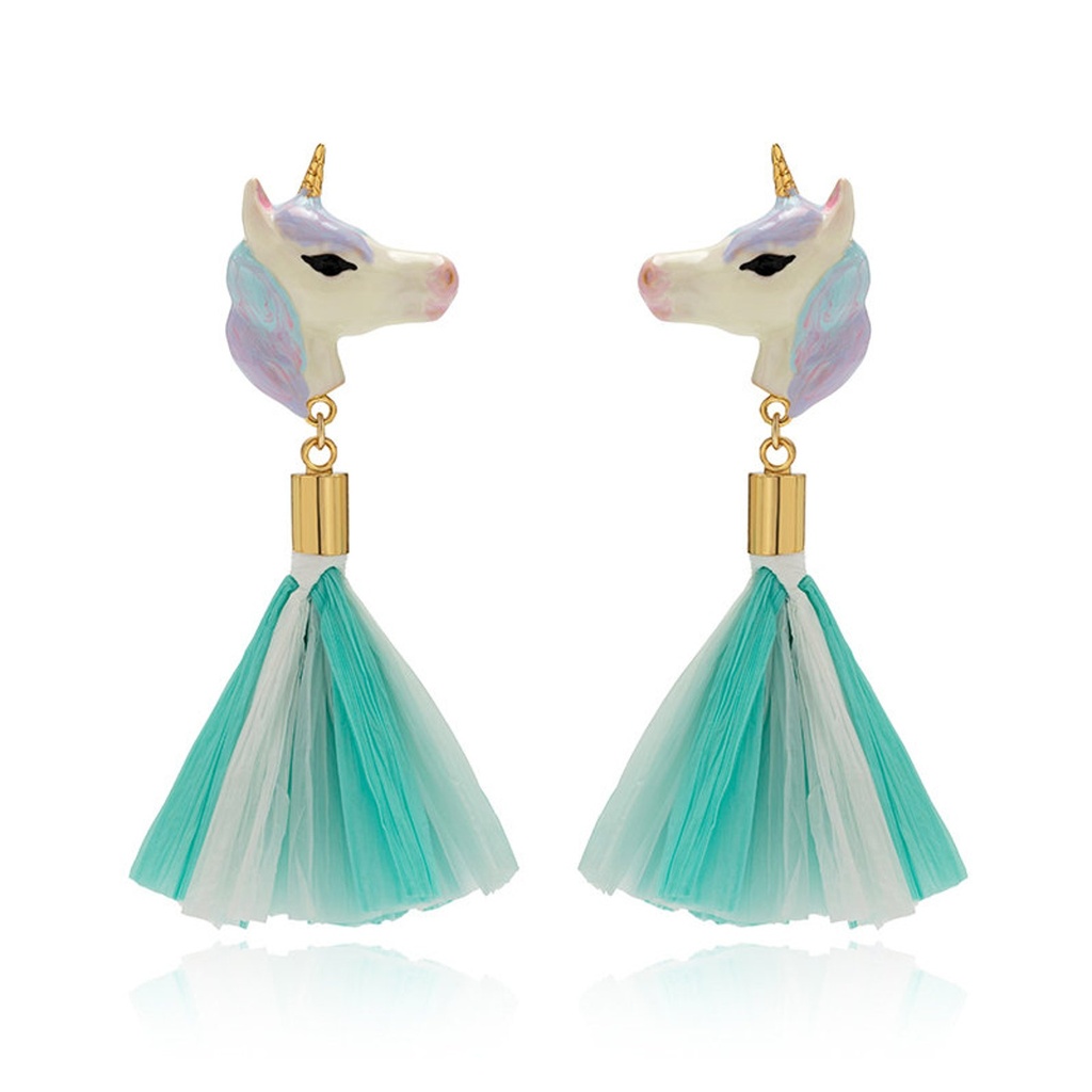 White Swan With Crown And Tassel Ename Stud Earrings