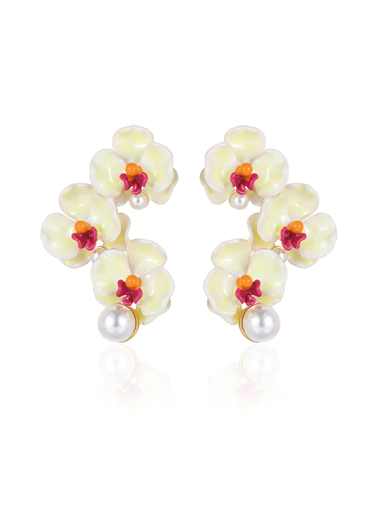 Butterfly Orchid Blossom Flower Pearl Enamel Stud Earrings