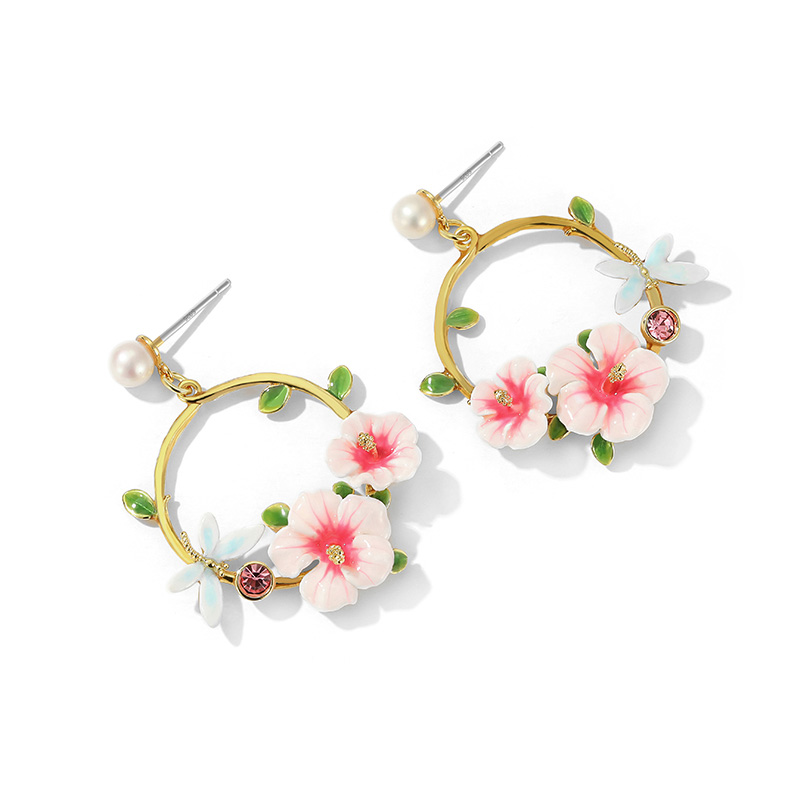 Pink Flower And Dragonfly Hoop Pearl Enamel Dangle Earrings