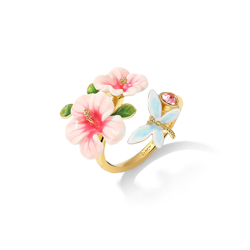 Pink Flower And Dragonfly Crystal Enamel Adjustable Ring Jewelry Gift