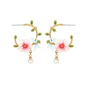 Pink Flower And Dragonfly Pearl C Shape Enamel Hoop Earrings