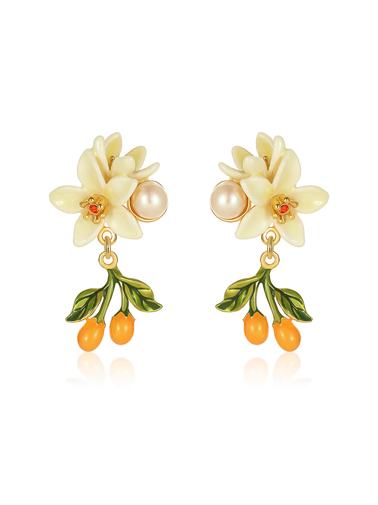 Orange Blossom Flower Kumquat Pearl Enamel Dangle Earrings