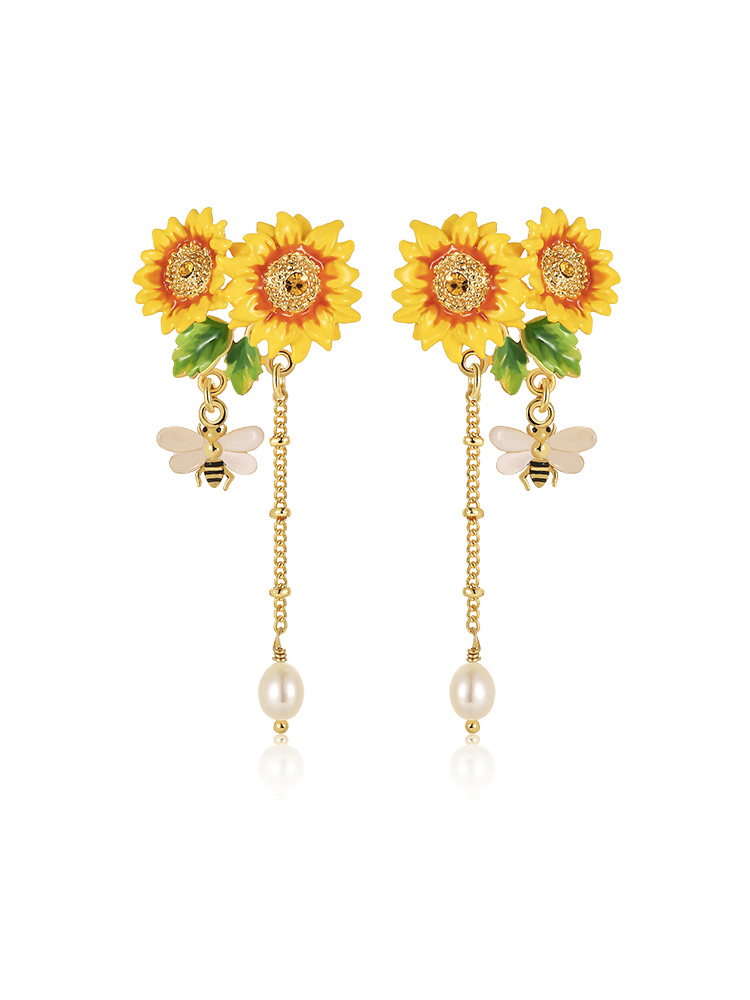 Yellow Sunflower And Bee Enamel Dangle Tassel Earrings Jewelry Gift